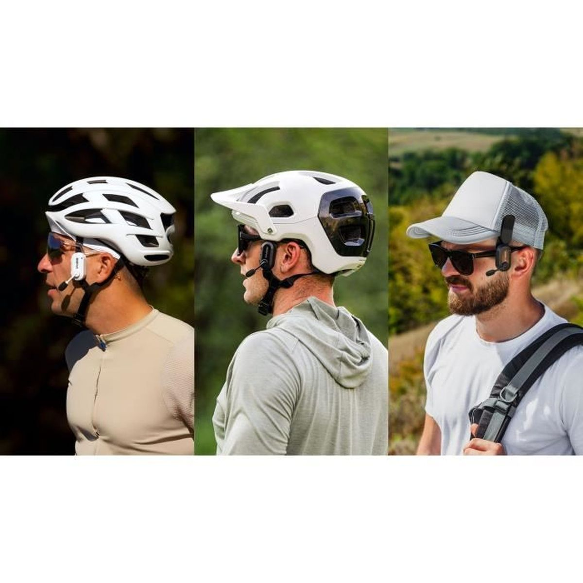 Drei Männer tragen Helme oder Kappen mit Headsets im Freien.