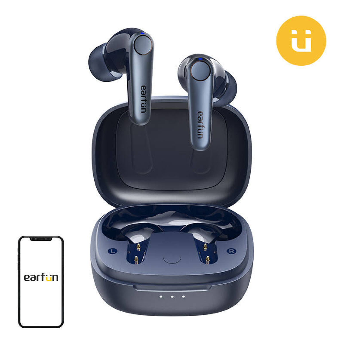 Auricolari wireless blu scuro in custodia di ricarica aperta con smartphone.