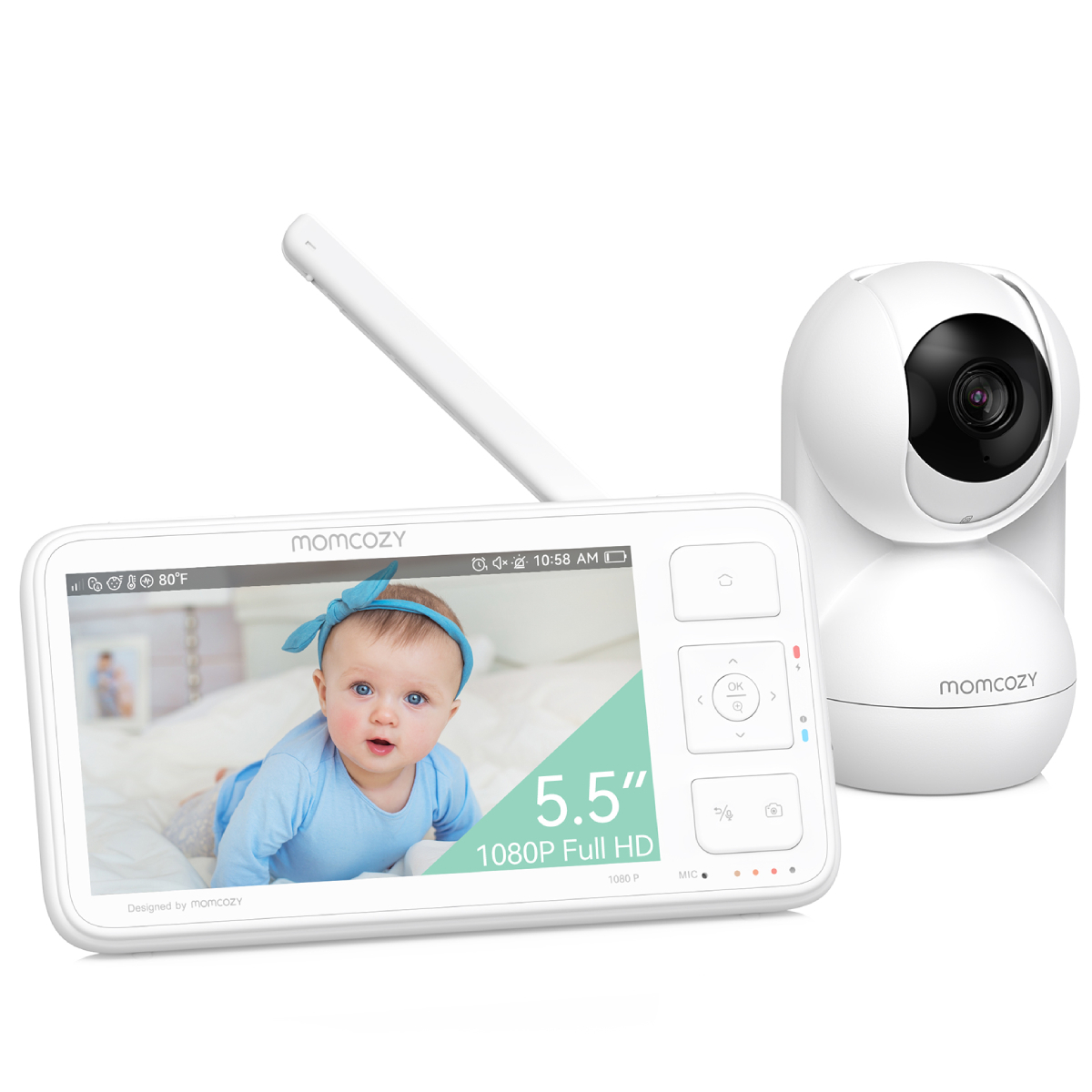 Ein weißer Babyfon-Monitor mit einem Kleinkind auf dem Bildschirm und einer Kamera daneben.
