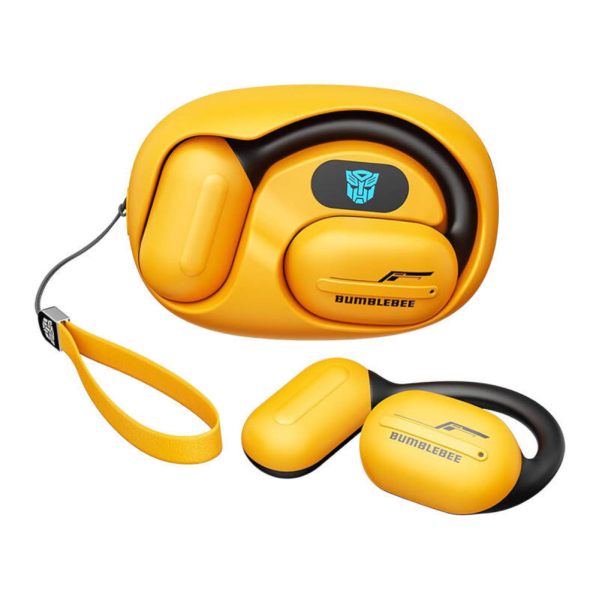Auriculares inalámbricos amarillos con logo de Bumblebee y correa.