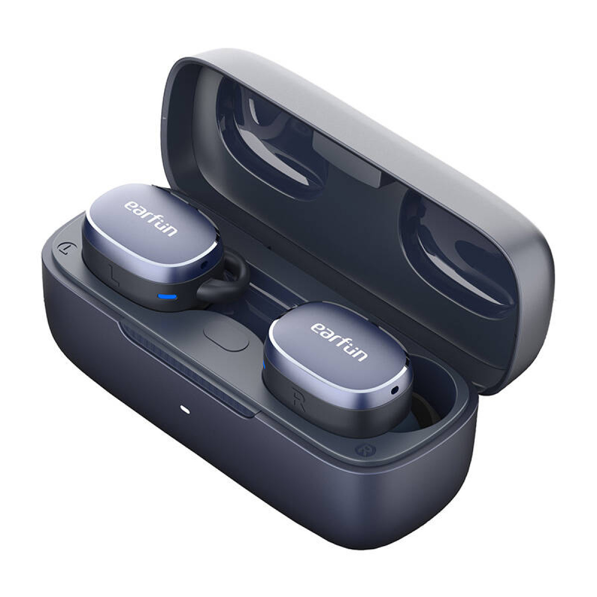 Auricolari blu scuro con custodia di ricarica, marca "earfun".