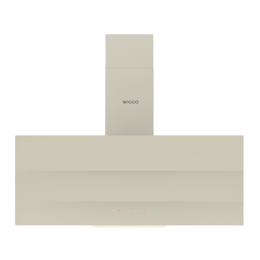 A beige kitchen hood with the WIGGO logo and red control buttons.