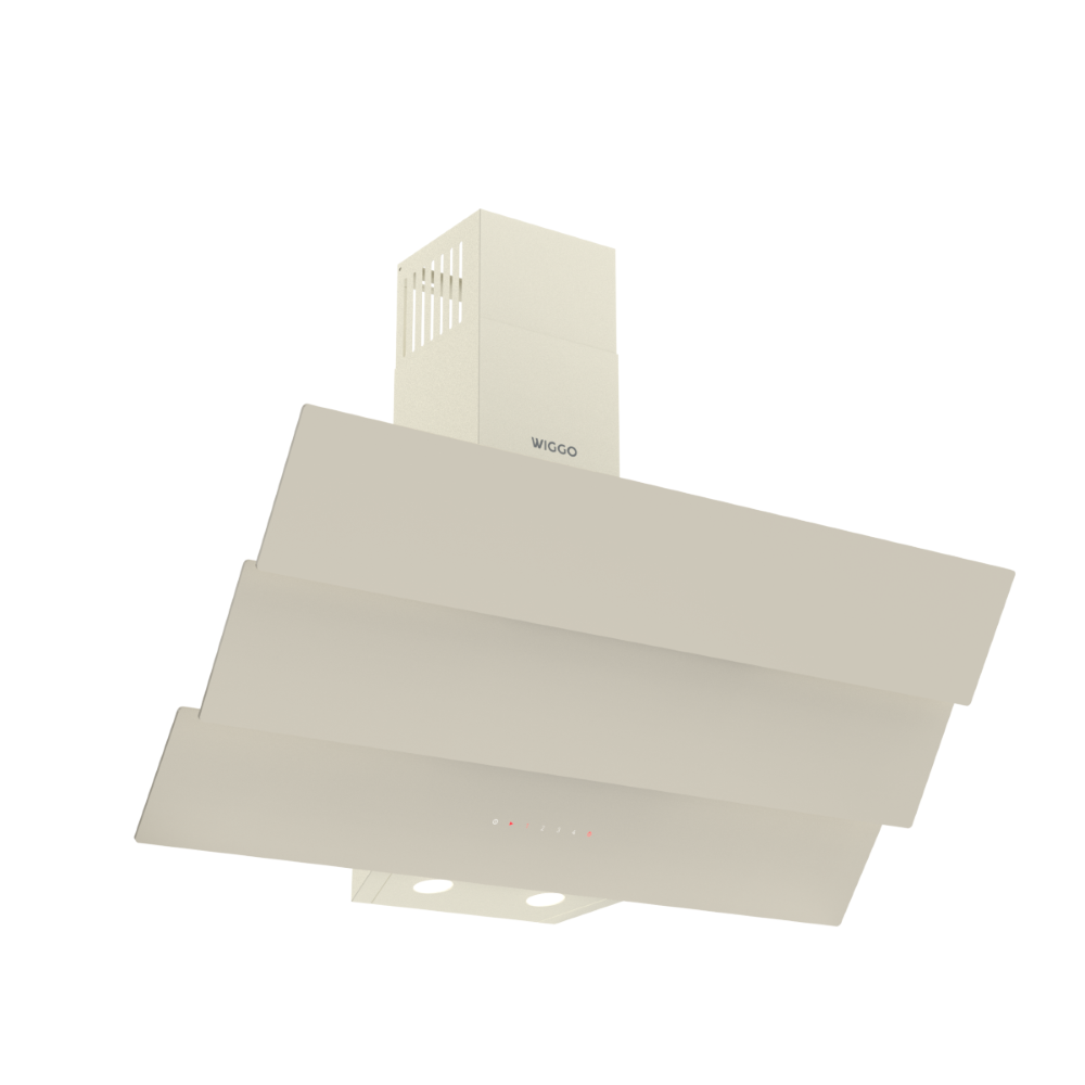 A cream-colored range hood with stepped layers and ventilation slats.