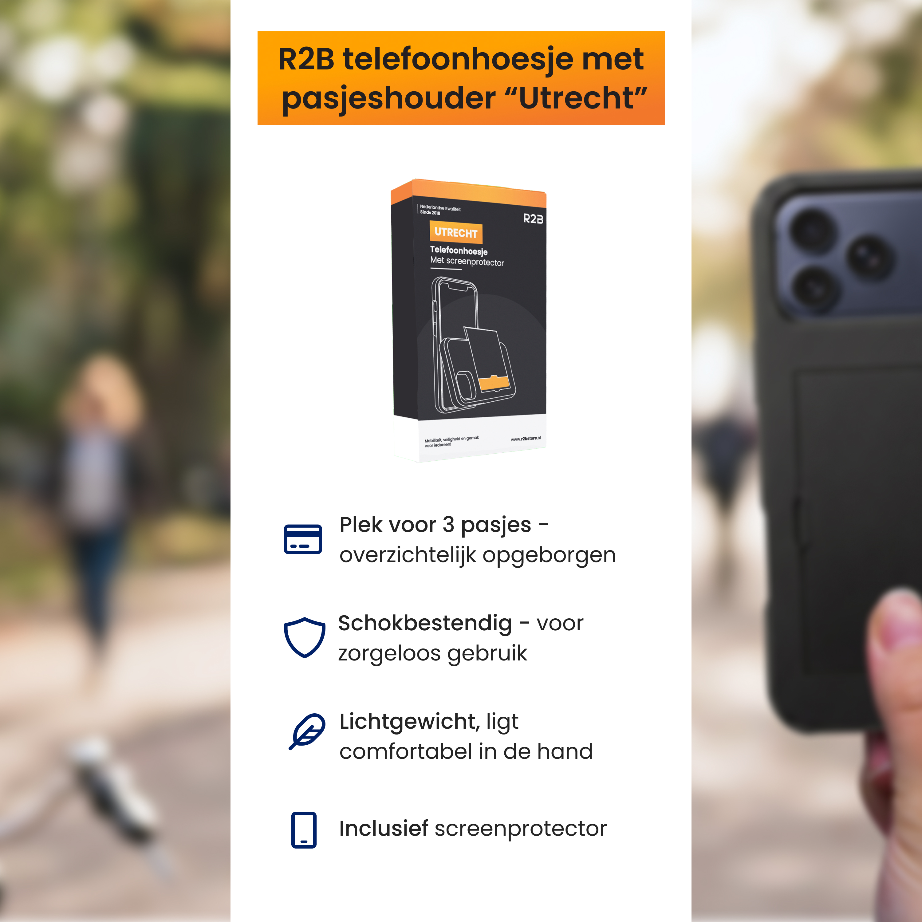 R2B "Utrecht" Handyhülle mit Kartenfach. Stoßfest, leicht, mit Displayschutz.