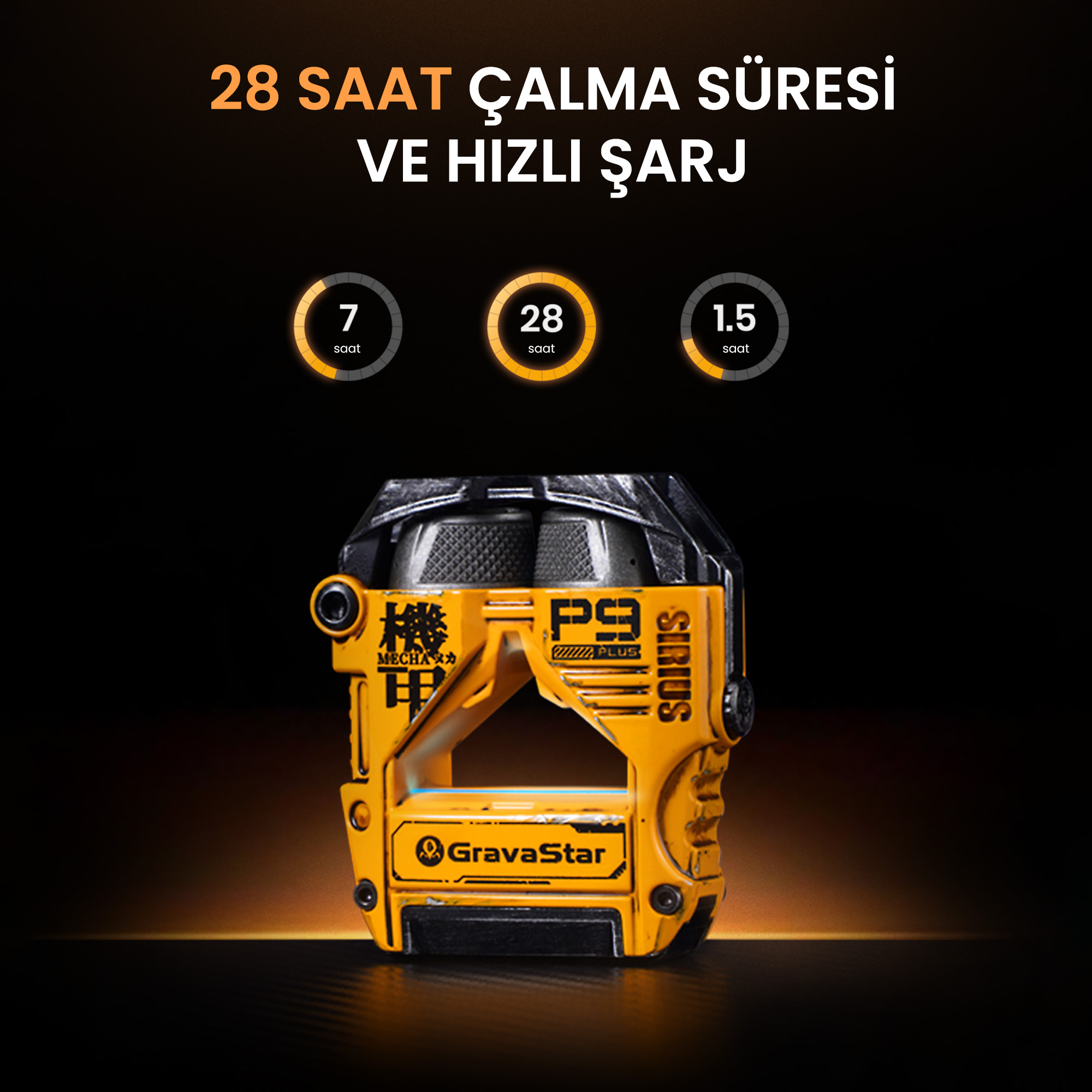 Çince karakterler, P9 logosu ve "Gravastar" yazılı sarı cihaz.
