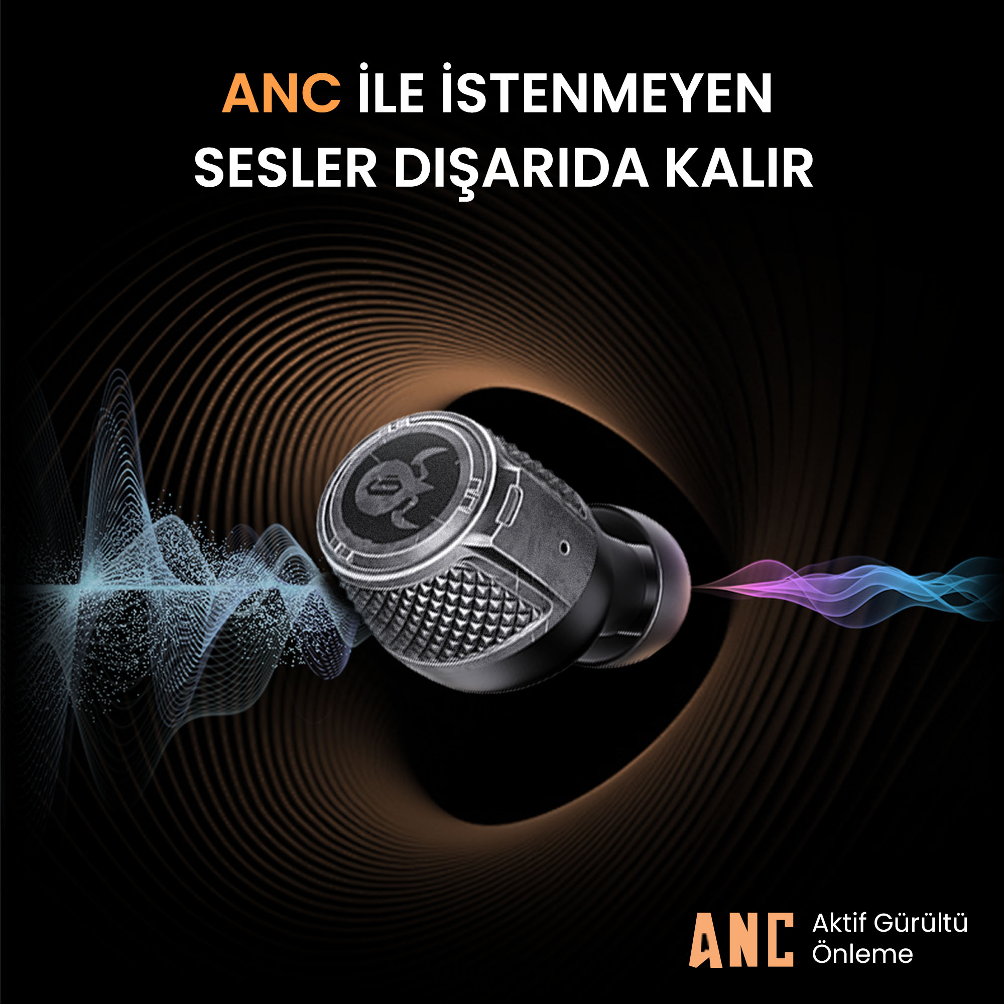 Ses dalgalarıyla çevrili ANC teknolojili bir kulaklık.