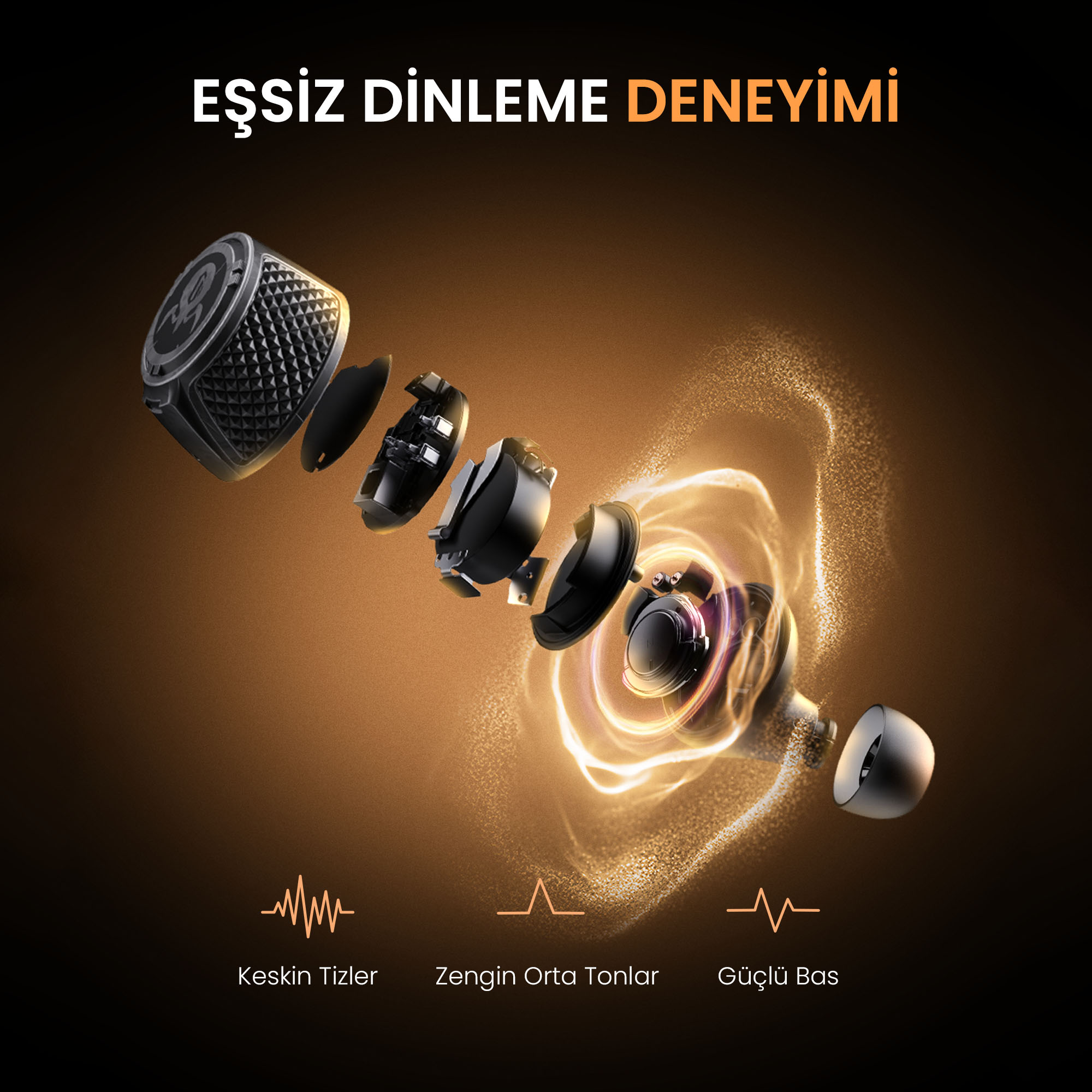 Koyu arka plan üzerinde iç bileşenleri gösteren siyah kulaklıkların patlatılmış görünümü.