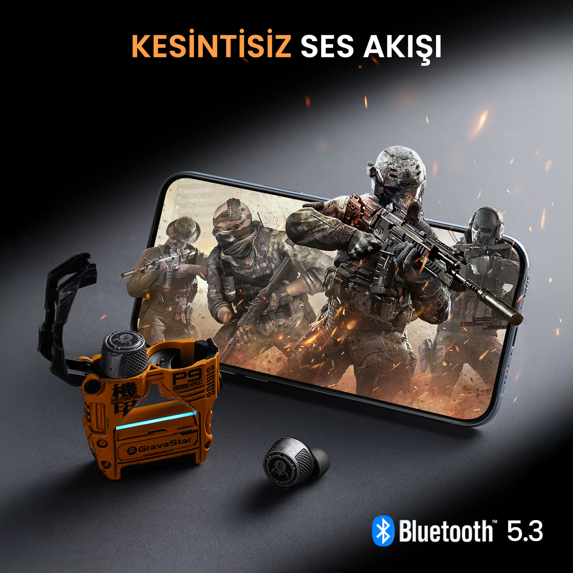 Telefon ekranında oyuncularla turuncu kulaklık kutusu.