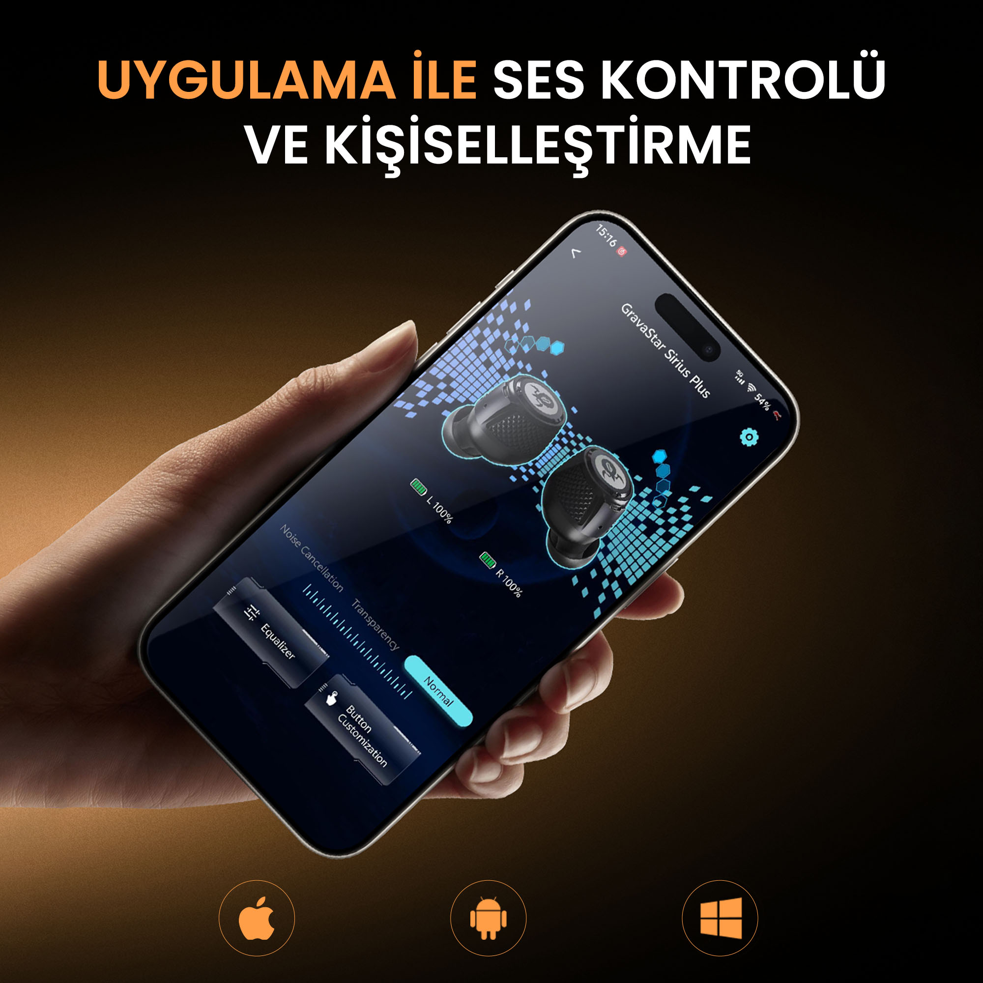 Bir akıllı telefon, kulaklıklar ve ayarlar içeren bir uygulamayı gösteriyor. Sol altta uygulama logoları.