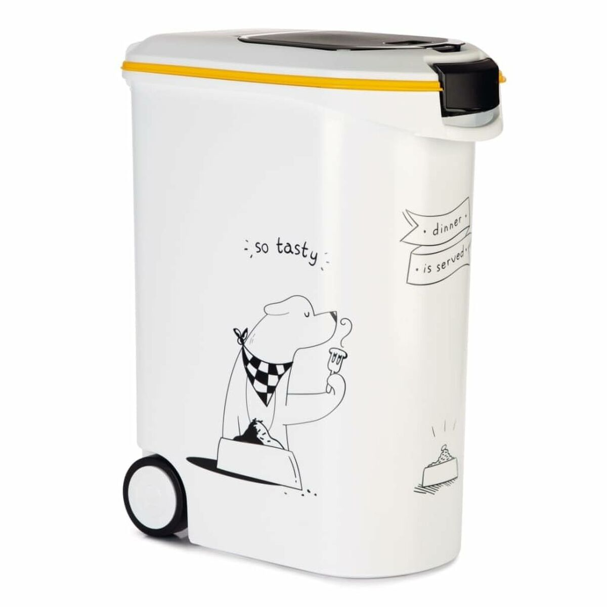 Contenitore bianco su ruote con bordo giallo e illustrazione di cane.