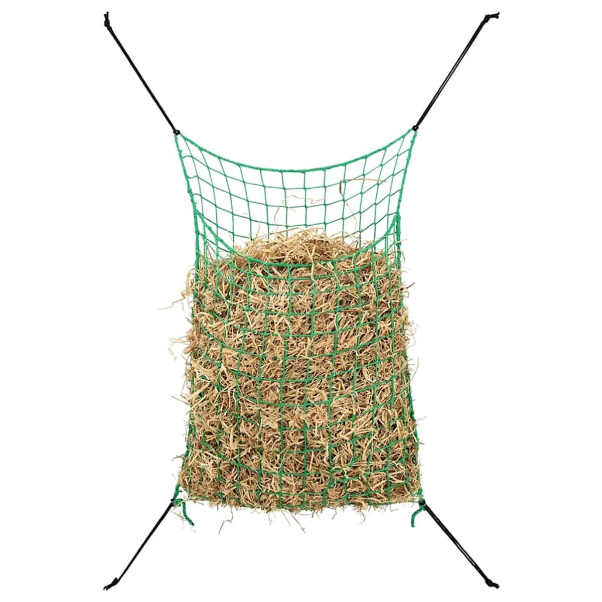 Rete verde piena di fieno, sospesa da corde nere.
