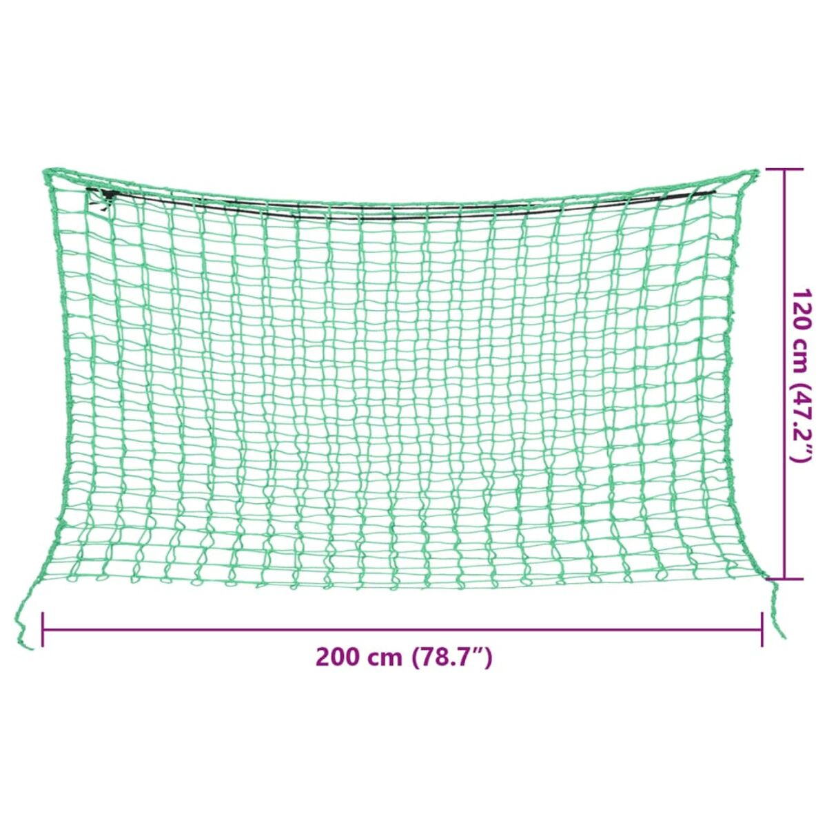 Rete verde, larga 200 cm e alta 120 cm, con misure.