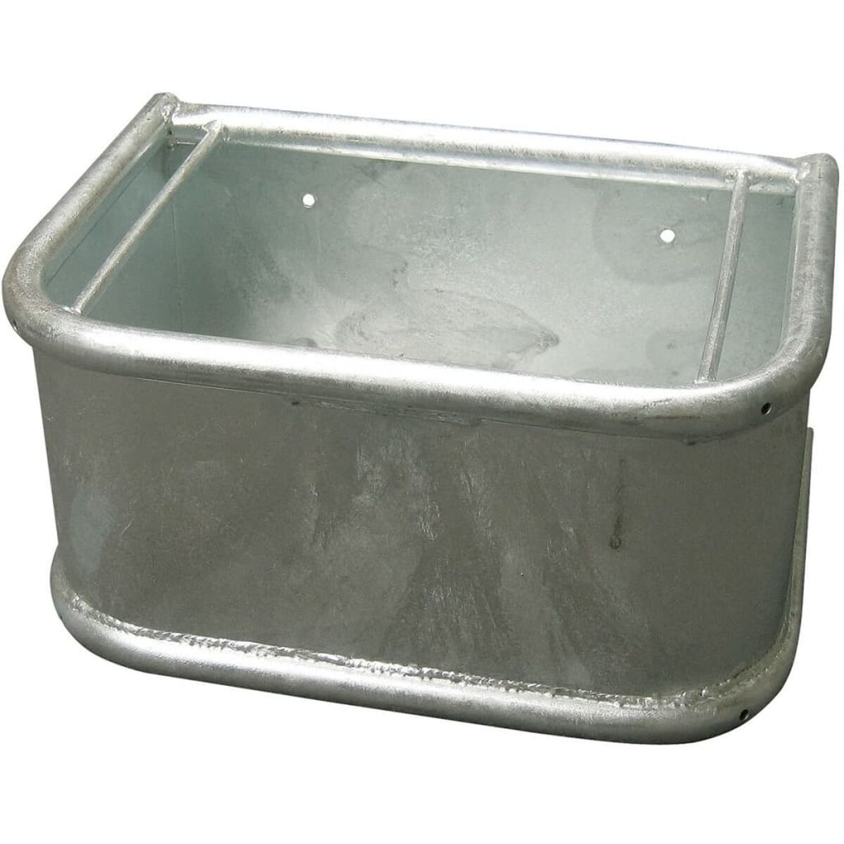 Eine rechteckige, silberne Metallschale mit abgerundeten Ecken und polierten Kanten.