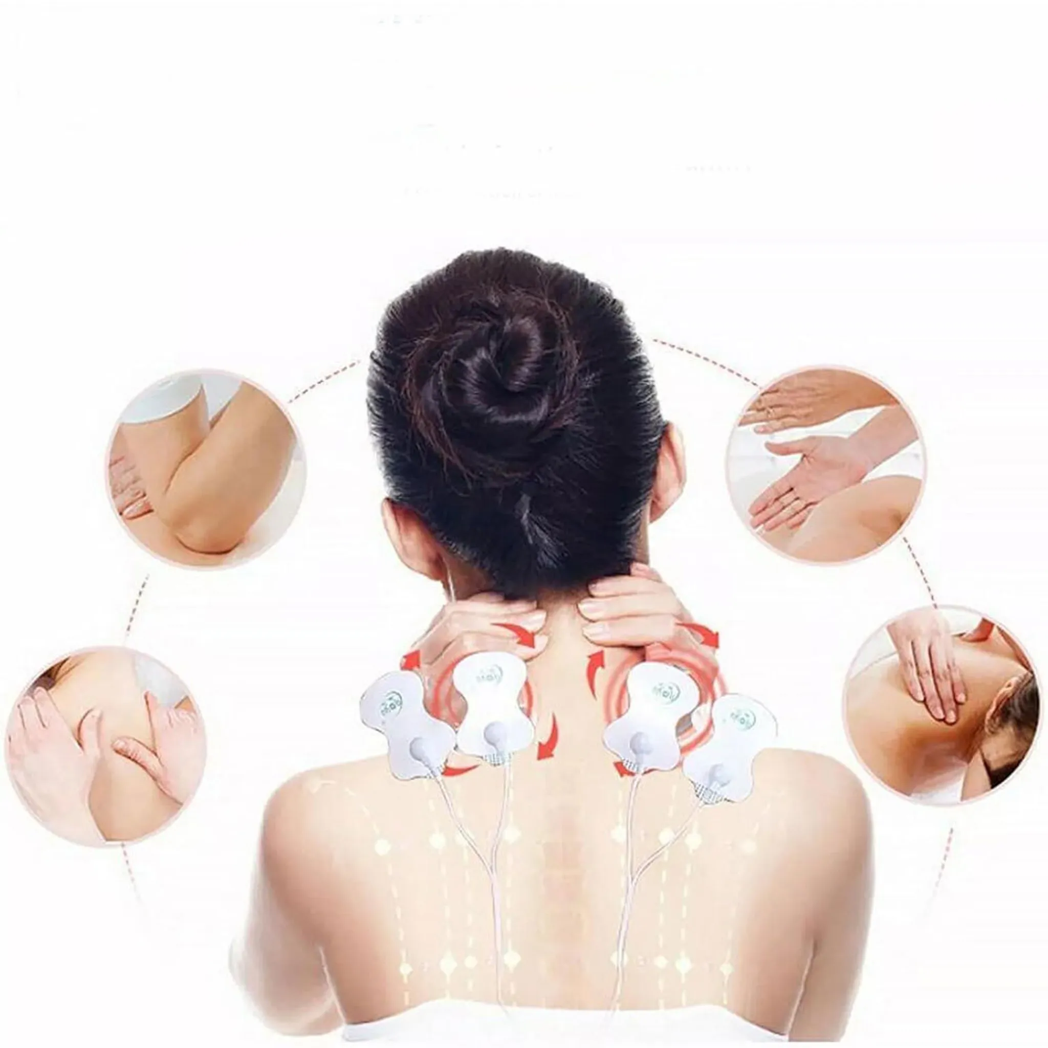 Rückansicht einer Person mit Massagegeräten am Nacken und kleinen Kreisen mit Massagebildern.