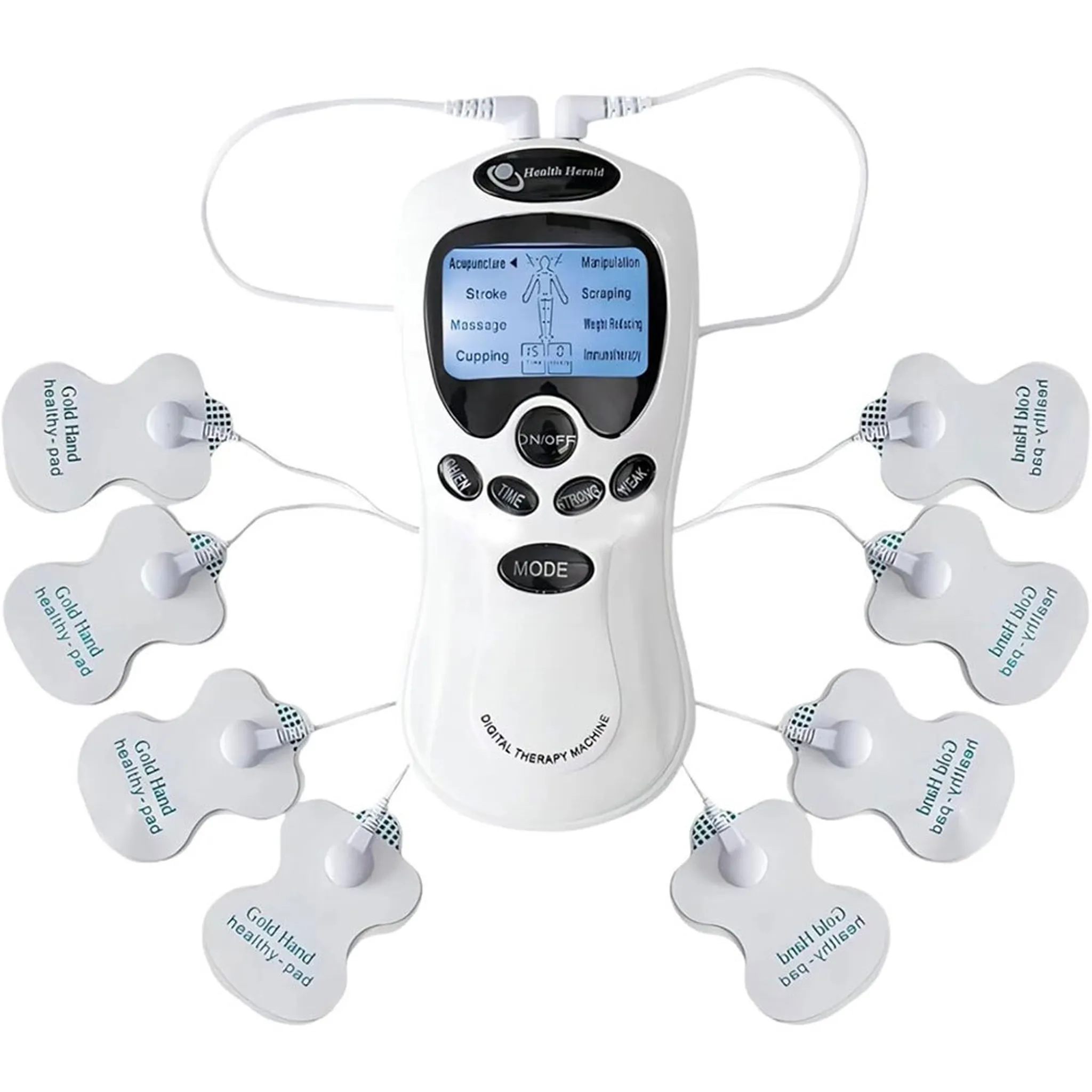 Ein weißes digitales Therapiegerät mit 8 Elektrodenpads, das für Akupunktur und Massage verwendet wird.