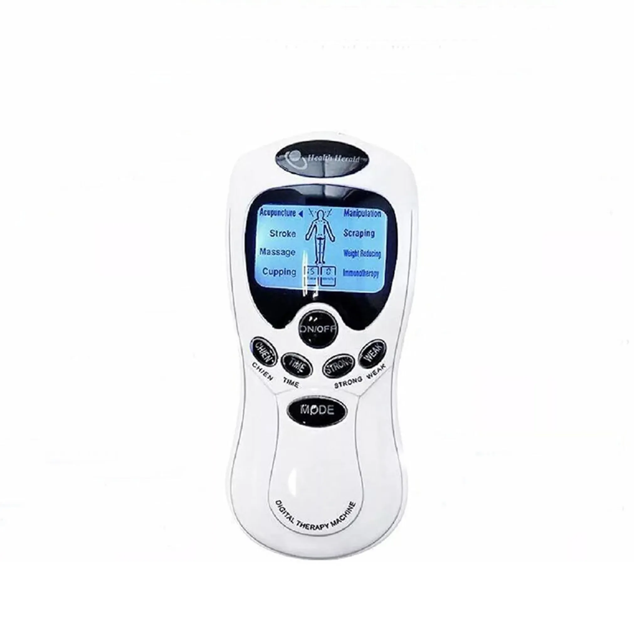 Ein weißes digitales Therapiegerät mit LCD-Bildschirm und Tasten.