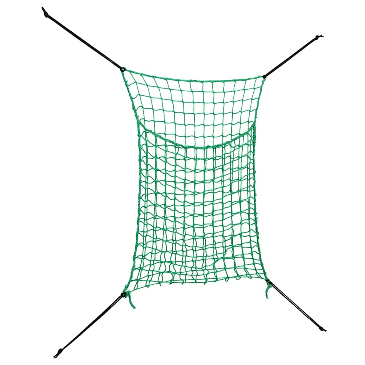 Una rete verde fissata a quattro pali neri.