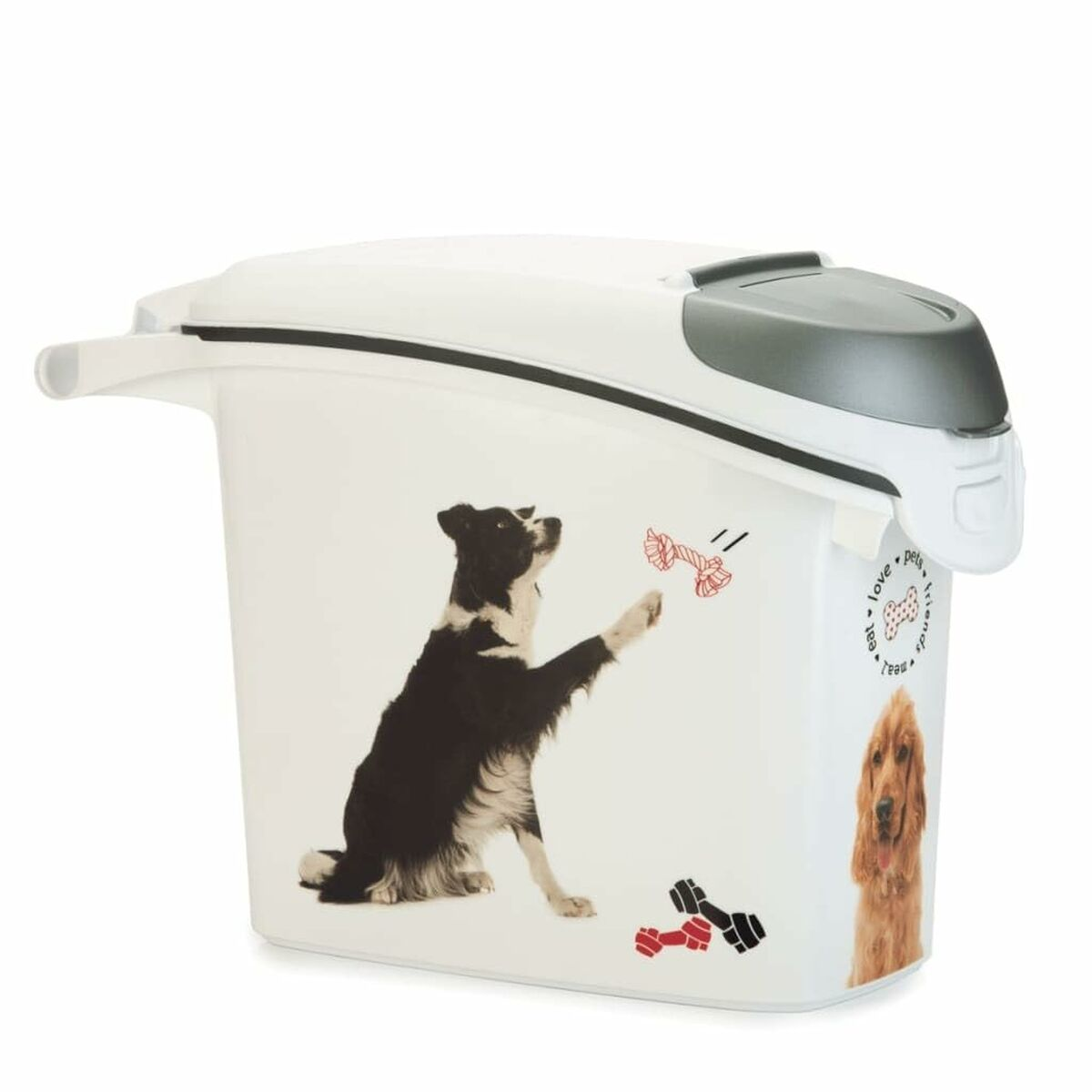 Contenitore bianco con grafica canina, un Border Collie gioca con una corda.