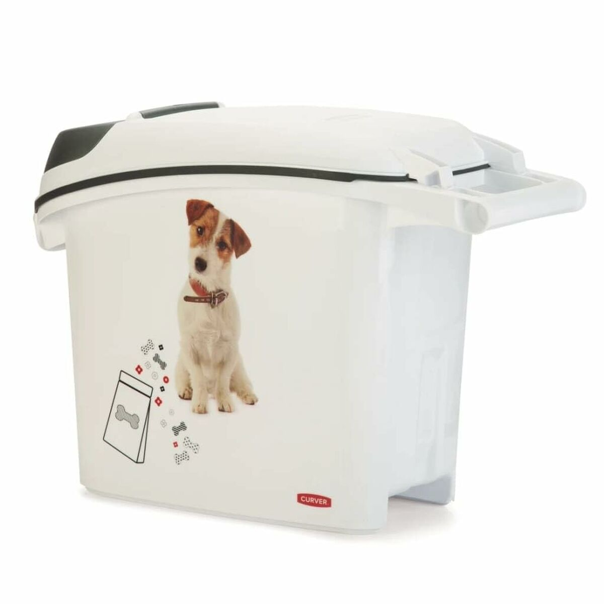 Contenitore bianco per cibo per cani con immagine di Jack Russell terrier.
