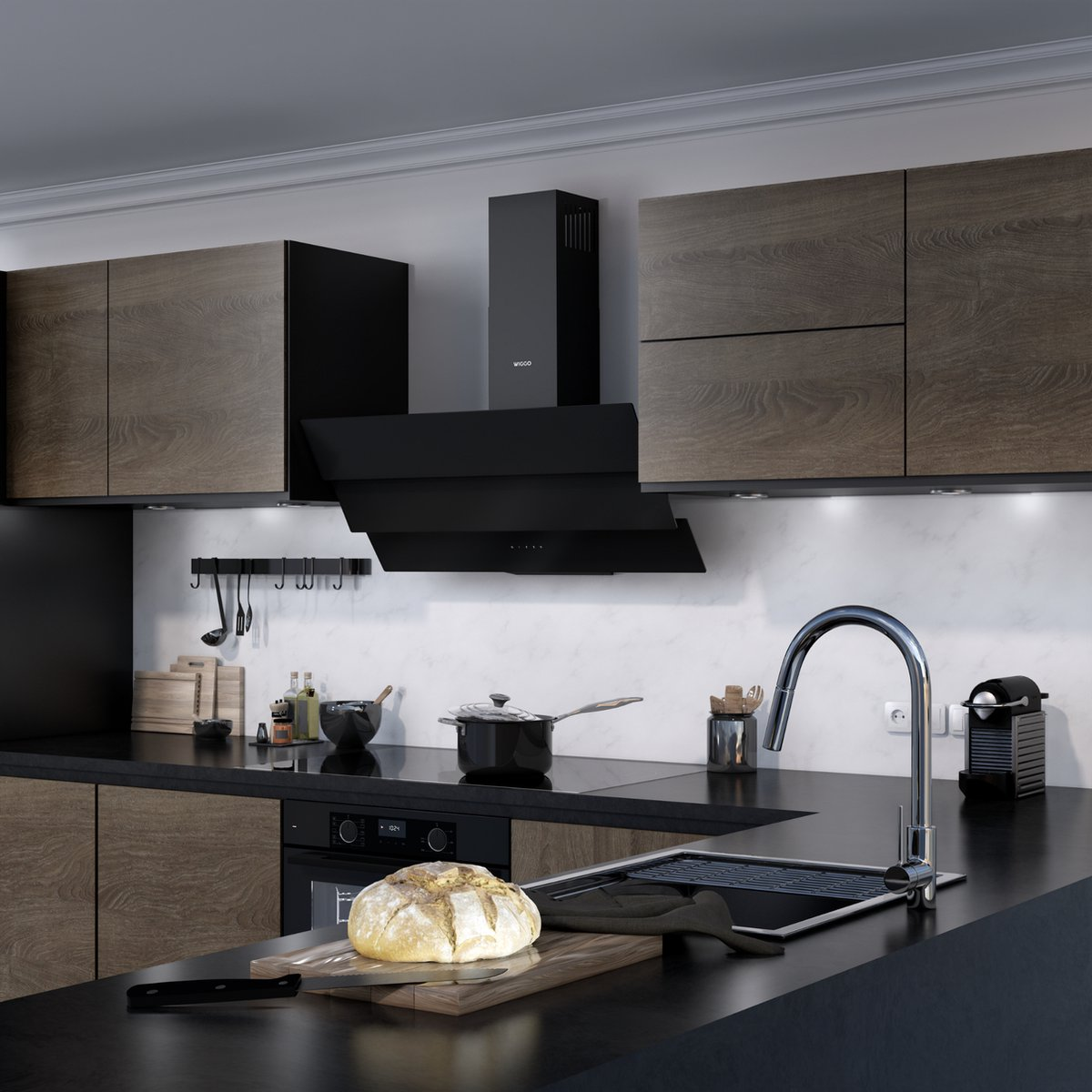 Cuisine moderne avec armoires en bois, hotte noire, cuisinière, évier et pain.