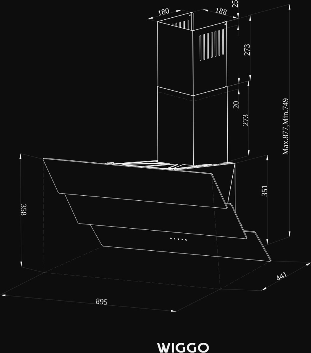 Dessin technique d'une hotte de cuisine noire avec dimensions. La hotte a une conception inclinée.