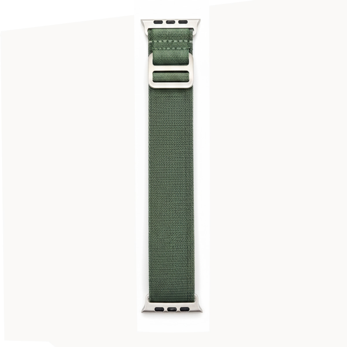 Ein dunkelgrünes Apple Watch Armband mit silbernen Anschlüssen.