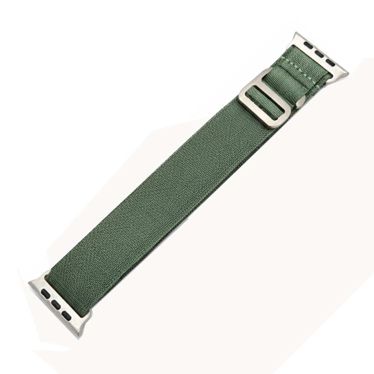 Ein grünes Stoffuhrenarmband mit silbernen Anschlüssen und Schnalle.