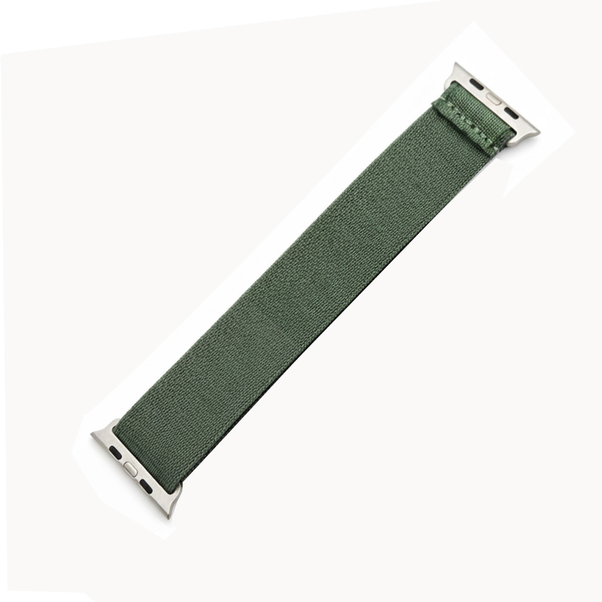 Grünes Apple Watch Armband aus Stoff mit silbernen Anschlüssen.