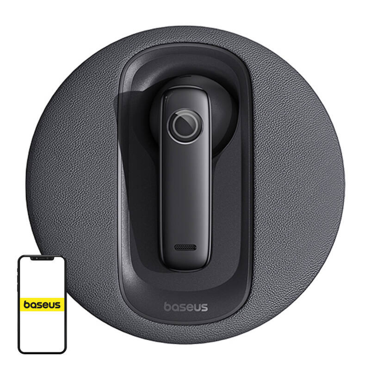 Un auricolare Bluetooth Baseus nero in una base di ricarica rotonda con icona telefono.