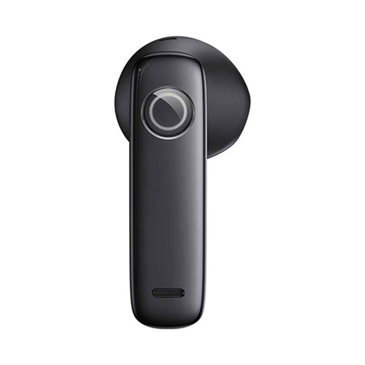 Un singolo auricolare nero con sensore touch circolare e porta di ricarica.