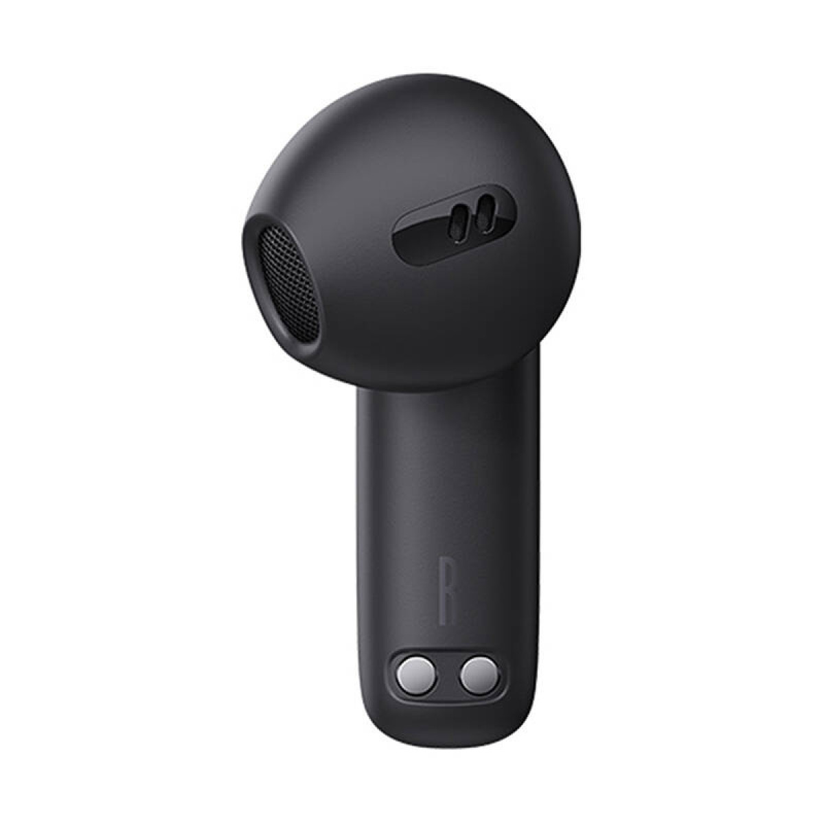 Auricolare sinistro nero con contatti di ricarica argentati e fori di ventilazione.