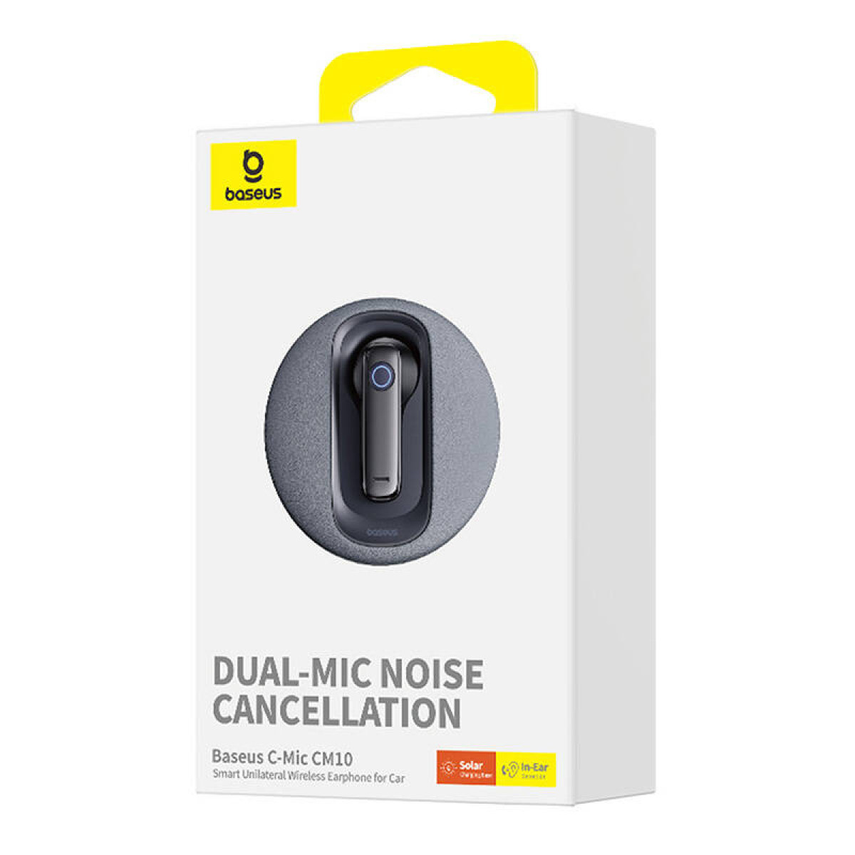 Scatola con logo Baseus, auricolare wireless e scritta 'Cancellazione del rumore Dual-Mic'.