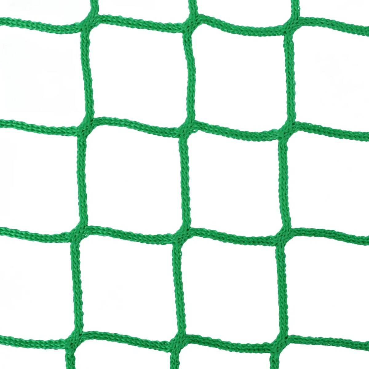 Una rete verde di corde con aperture quadrate su sfondo bianco.