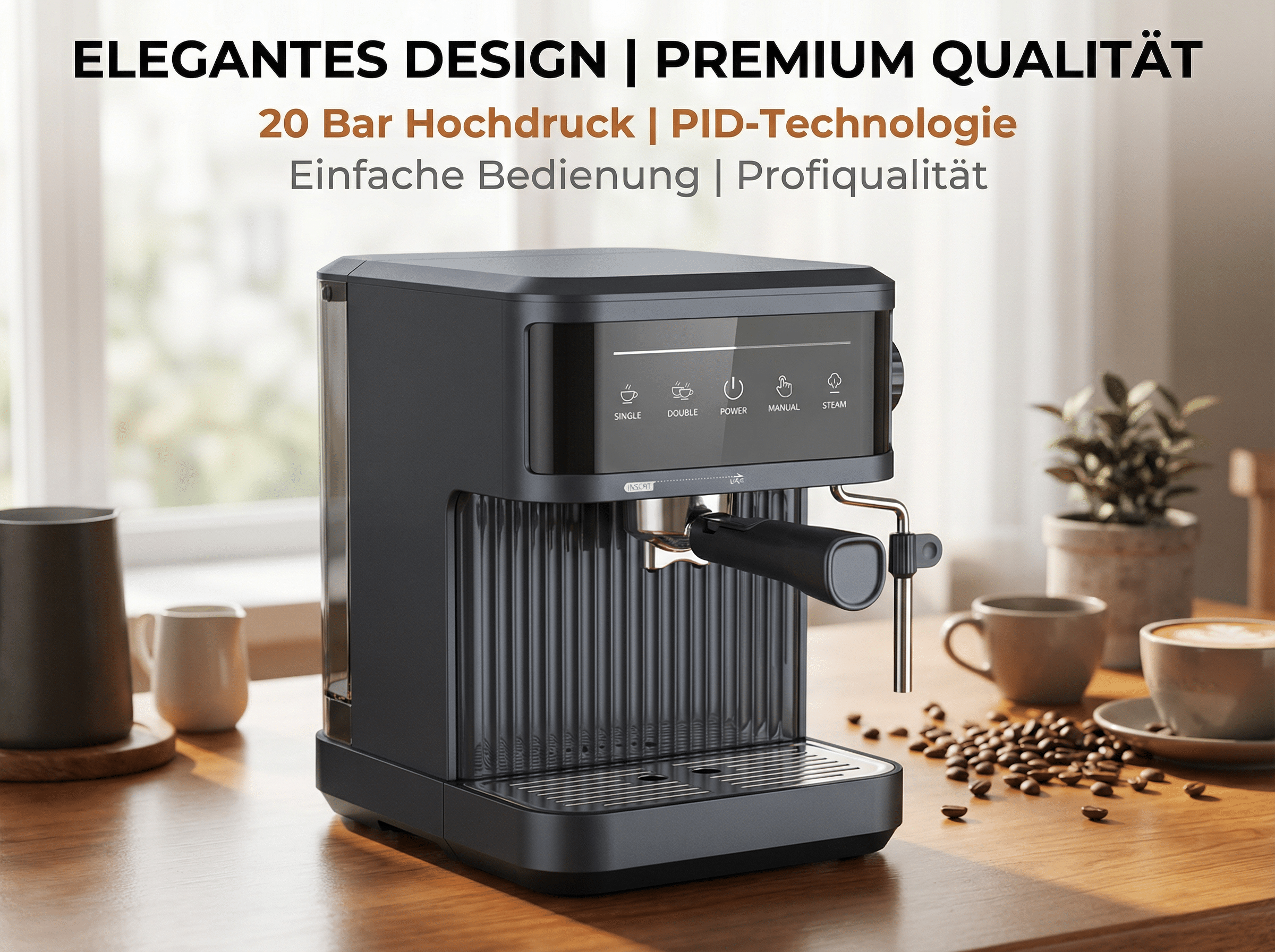 Eine schwarze Kaffeemaschine auf einem Holztisch mit Kaffeebohnen und Tassen.