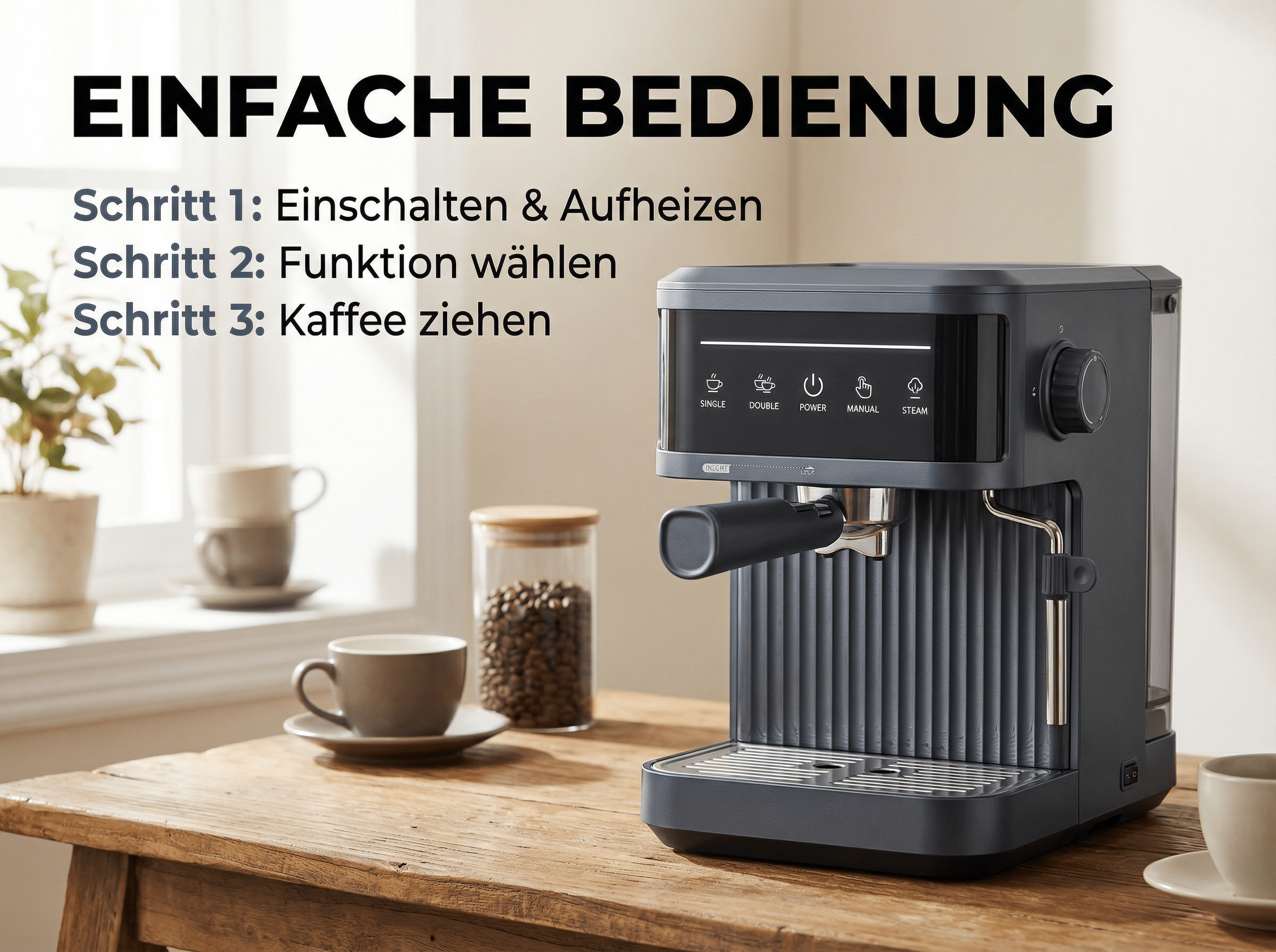 Kaffeemaschine mit Bedienungsanleitung in Schritten auf Deutsch.