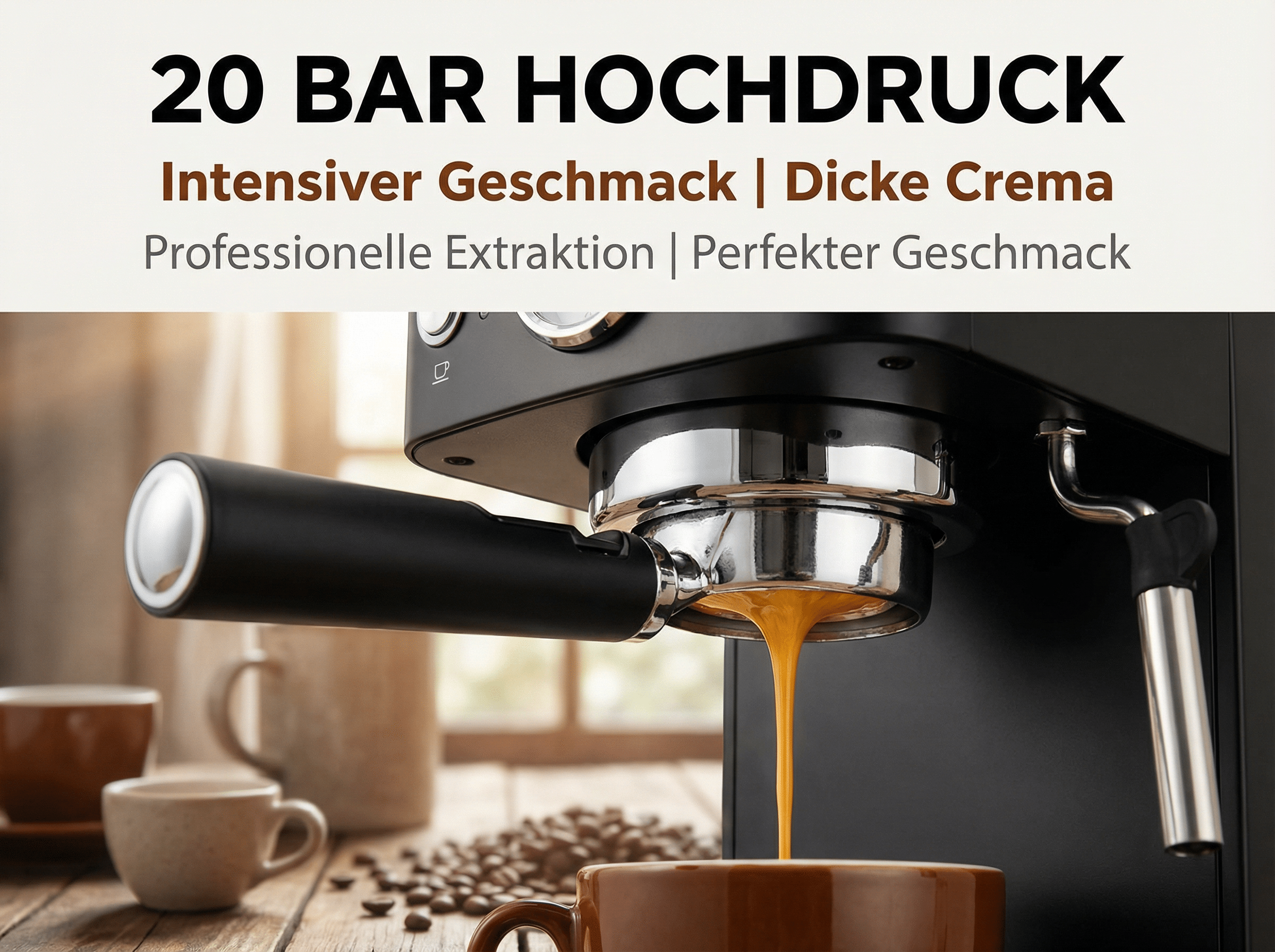 Espressomaschine brüht Kaffee in eine braune Tasse. Geröstete Bohnen liegen daneben.
