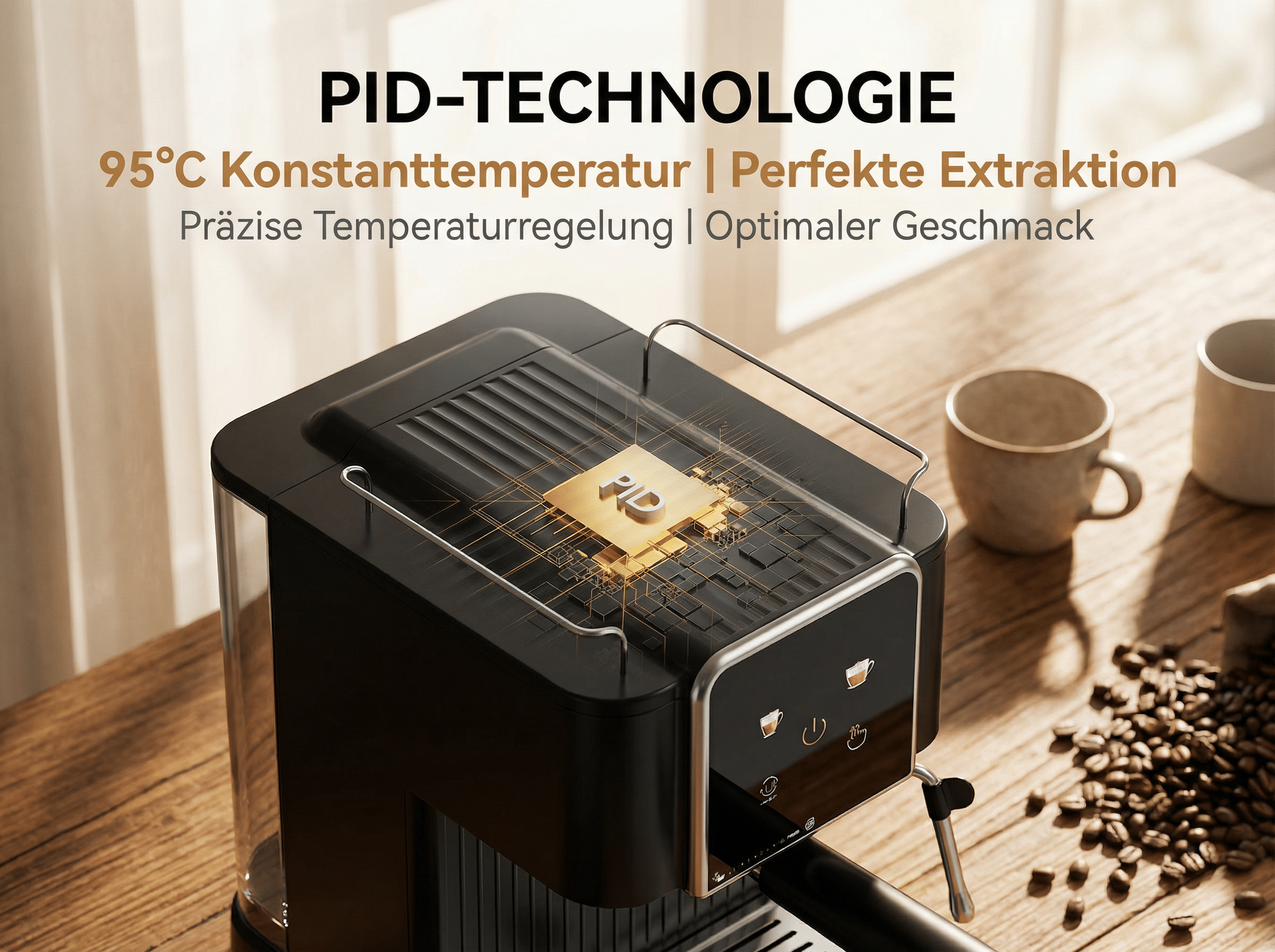 Eine schwarze Kaffeemaschine mit PID-Technologie auf einem Holztisch mit Kaffeebohnen.