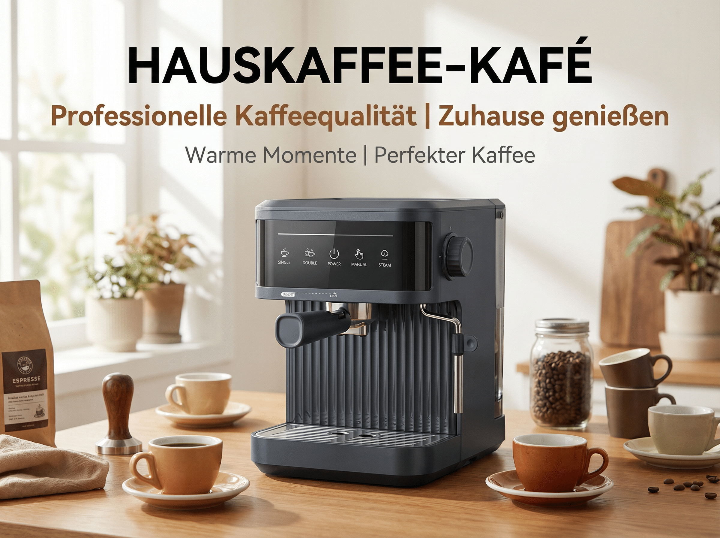 Eine Kaffeemaschine auf einem Holztisch mit Tassen, Bohnen und einem Kaffeepulver-Beutel.