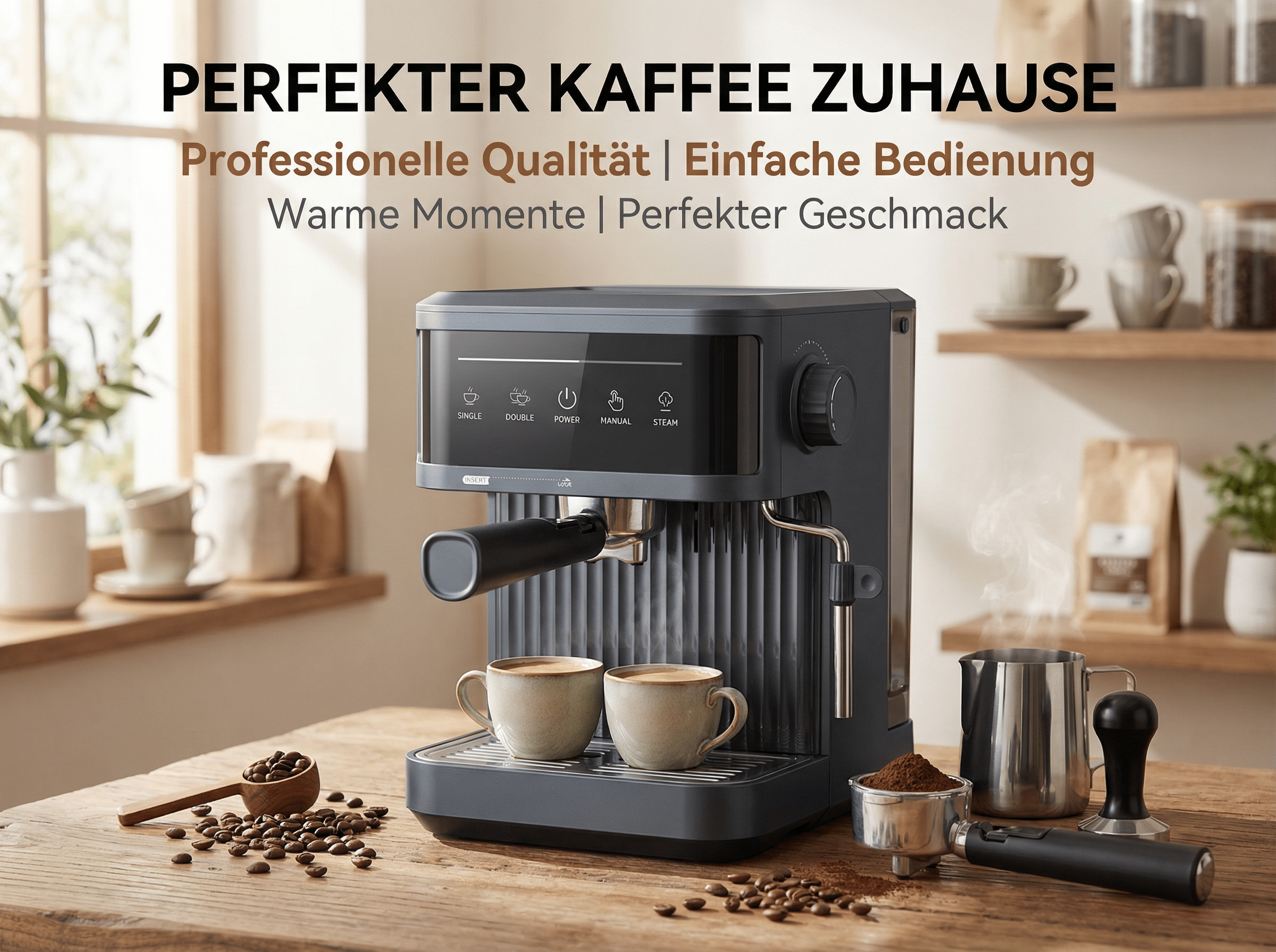 Eine Kaffeemaschine mit zwei Tassen dampfenden Kaffees, Bohnen und Zubehör.