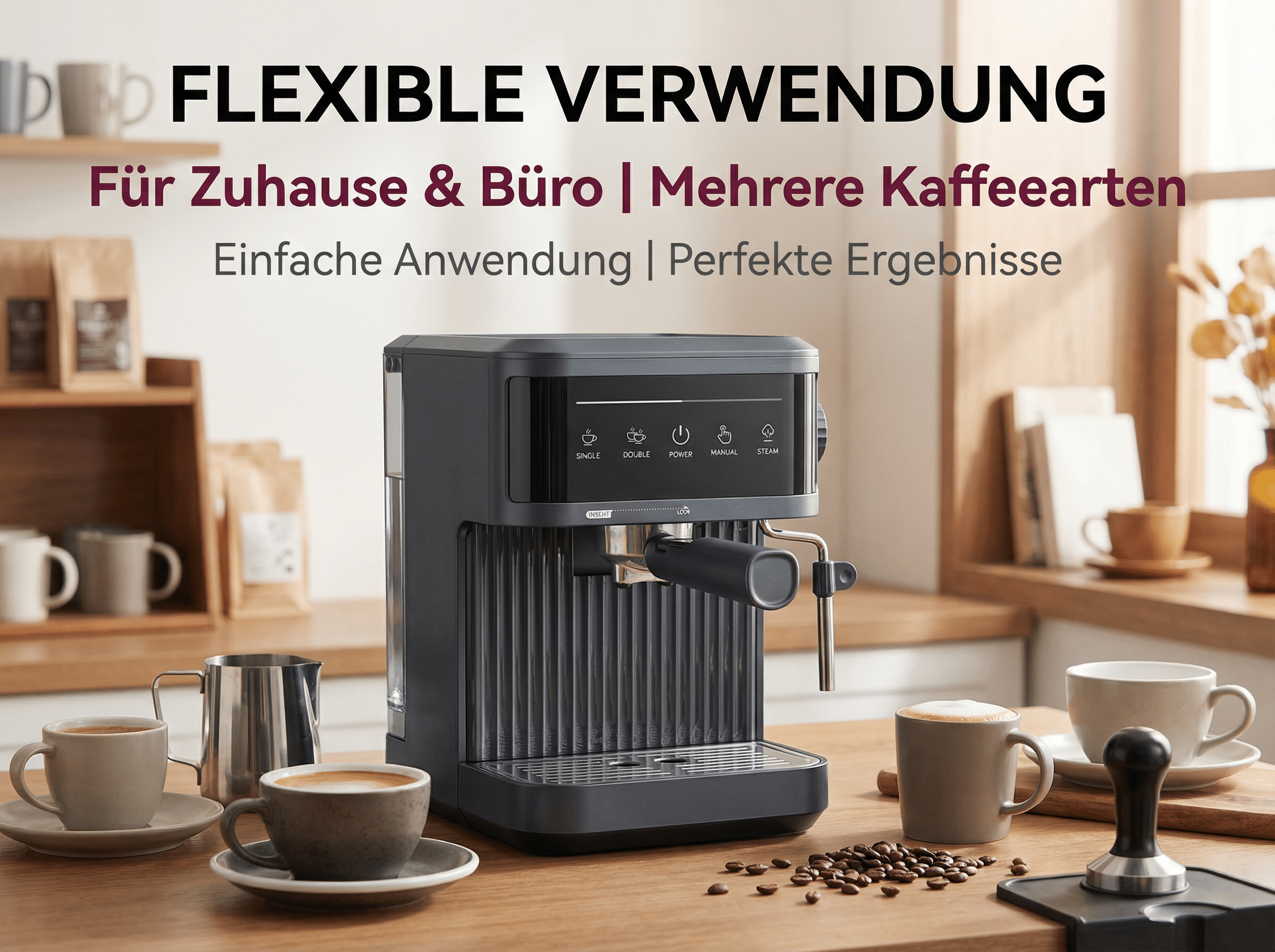 Eine Kaffeemaschine mit Tassen und Kaffeebohnen auf einem Holztisch.