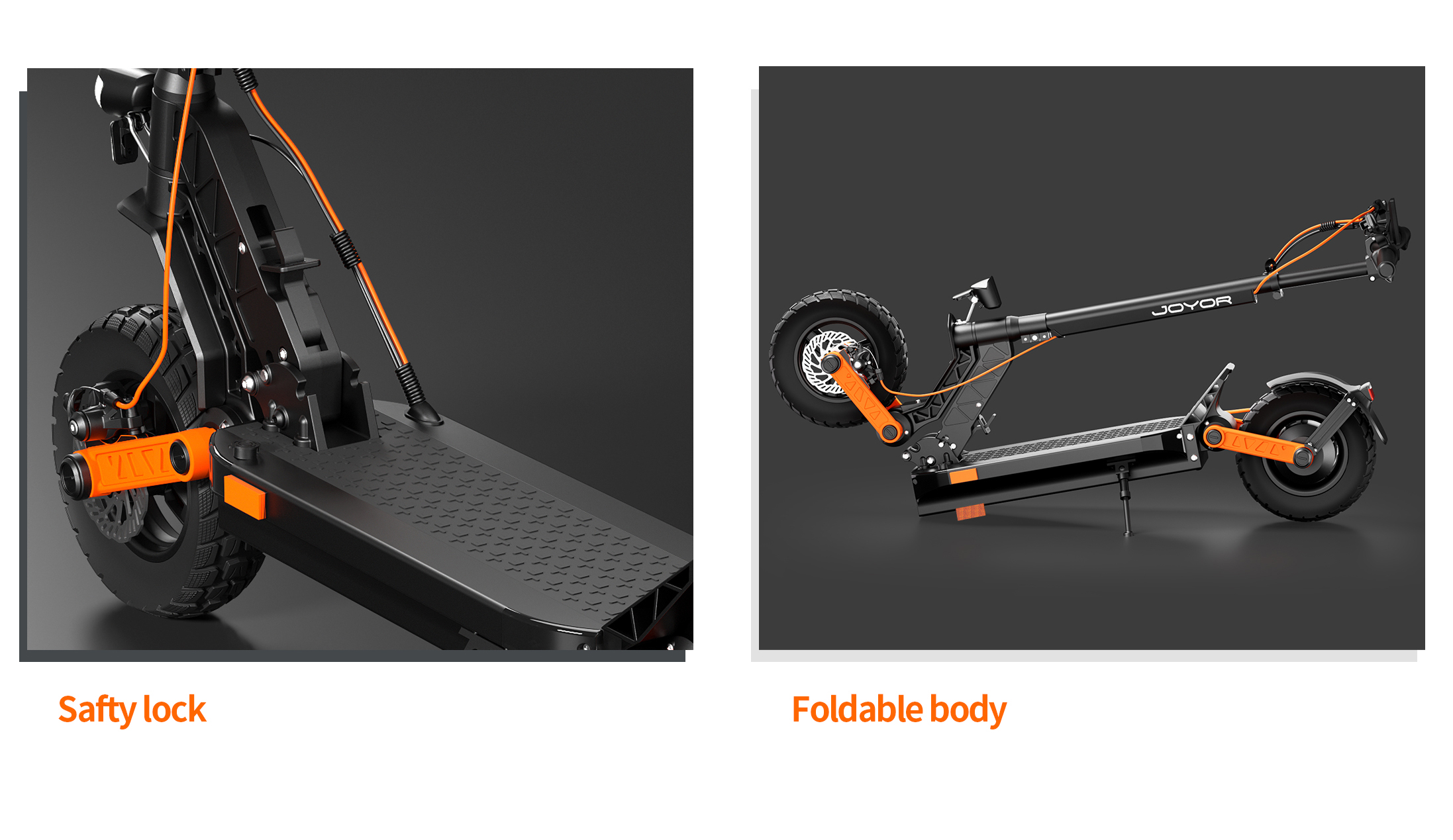 Nahaufnahme des E-Scooters mit orangen Akzenten und Gummireifen.