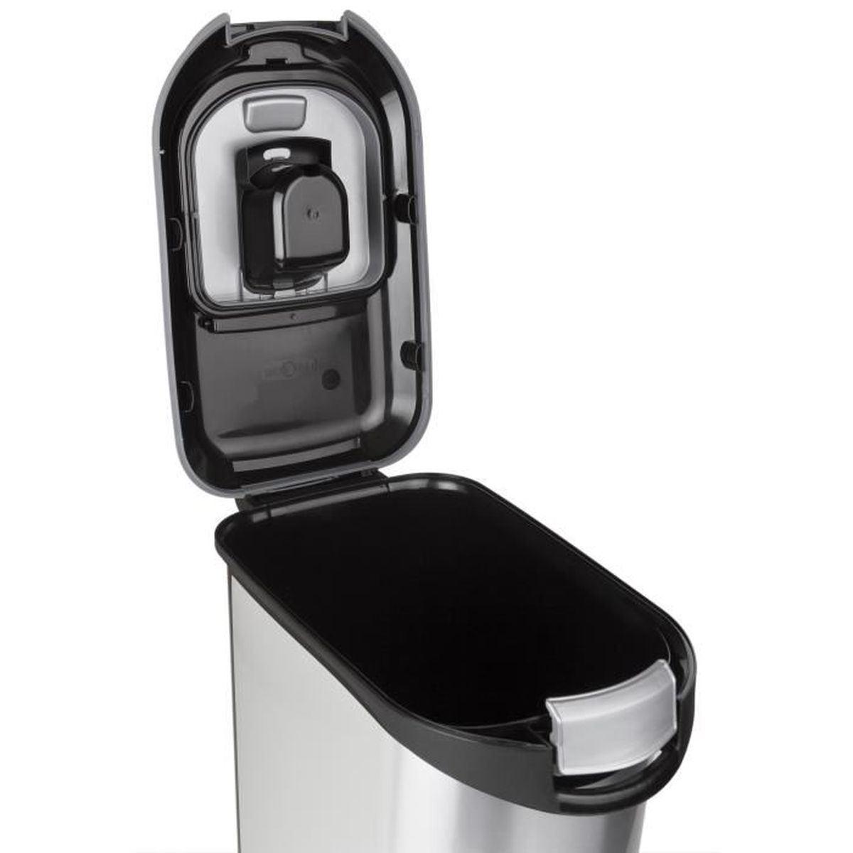 Pattumiera in acciaio inox con coperchio nero aperto, interno con supporto.