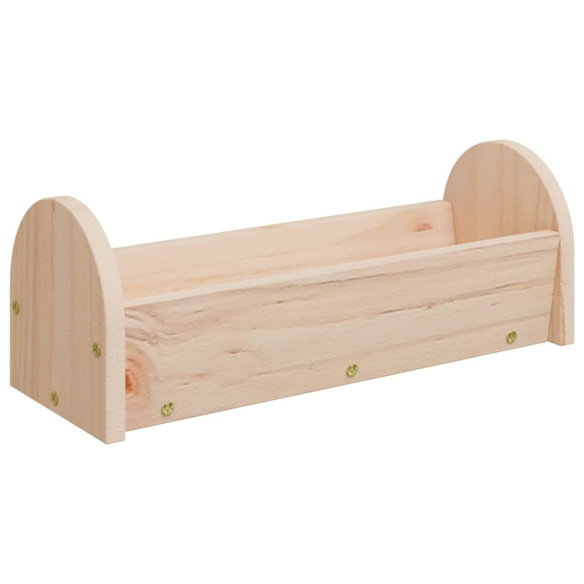 Una semplice scatola di legno con estremità arrotondate e viti visibili.