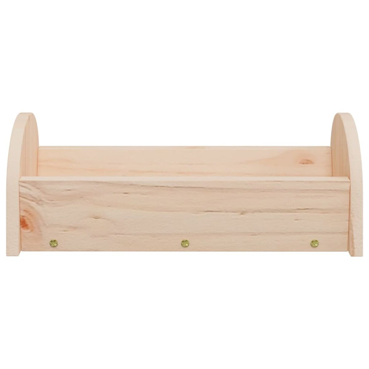 Una mensola in legno chiaro con lati curvi e tre viti.