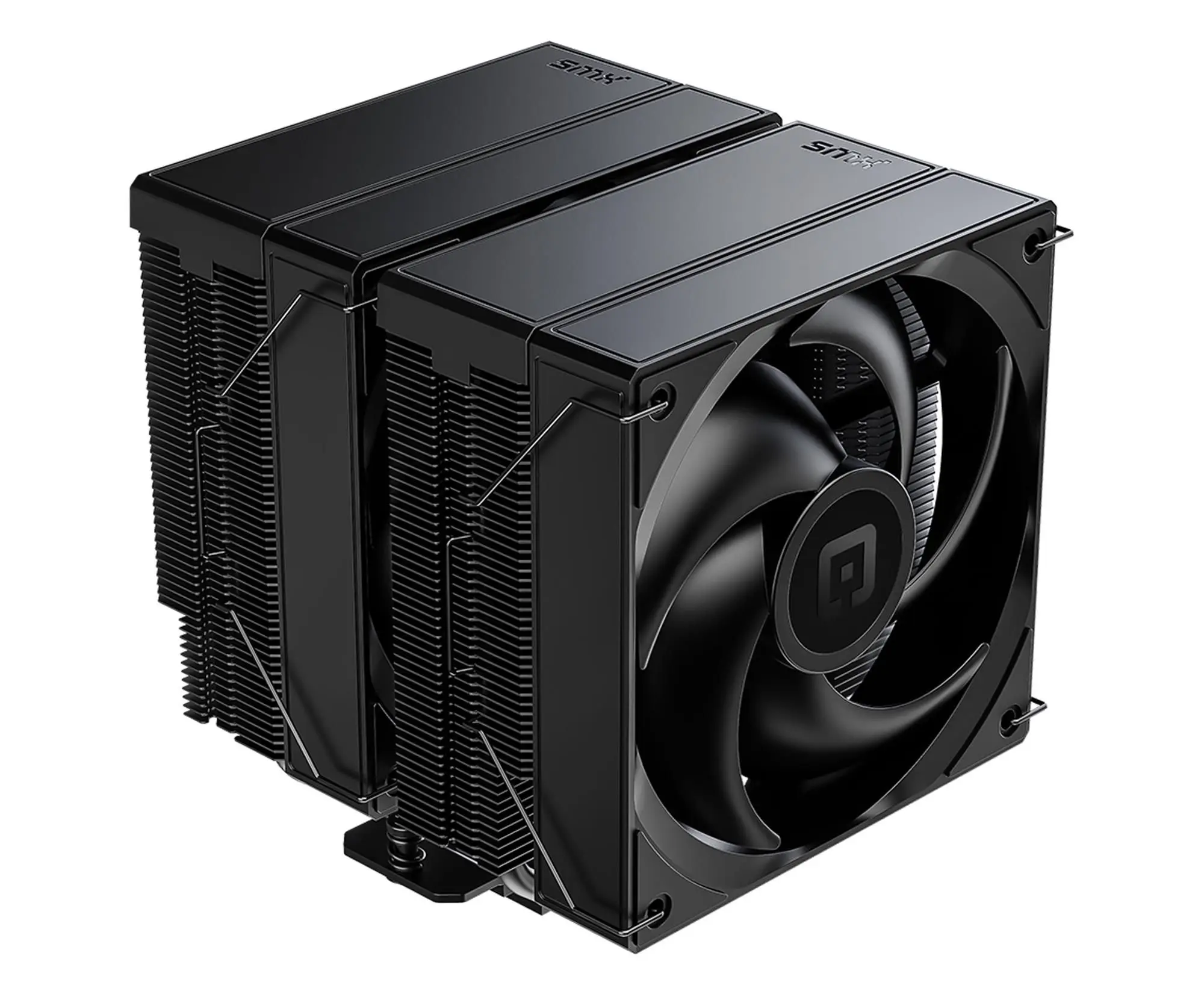 Schwarzer CPU-Kühler mit zwei Lüftern und Rippenkühlkörpern.