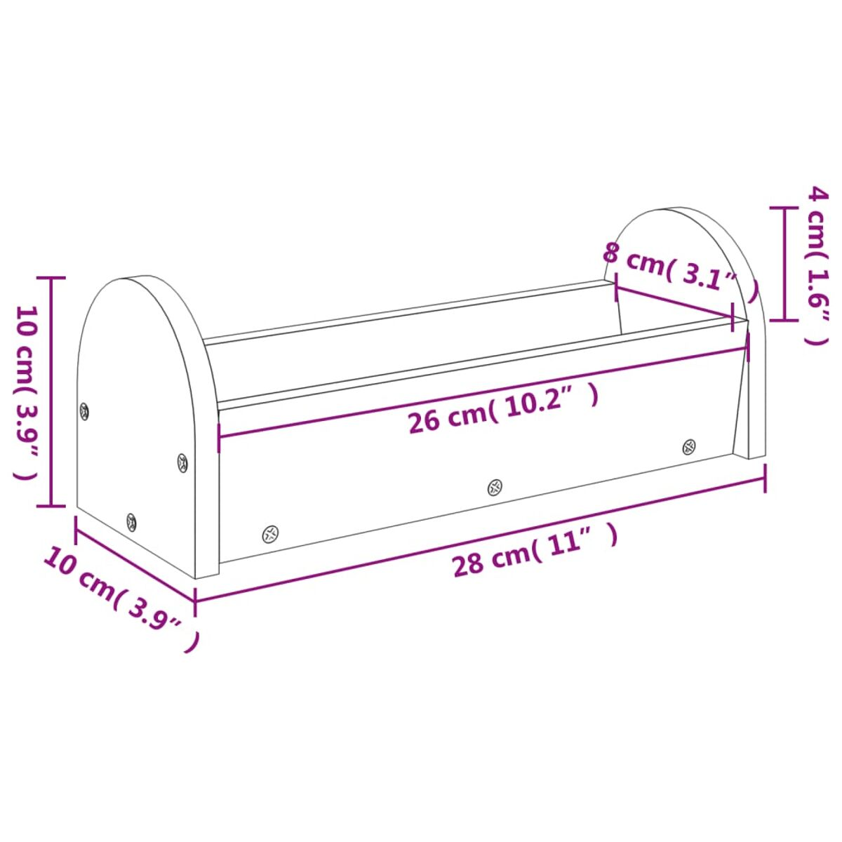 Un contenitore in legno di 28x10x10 cm, lungo 26 cm.