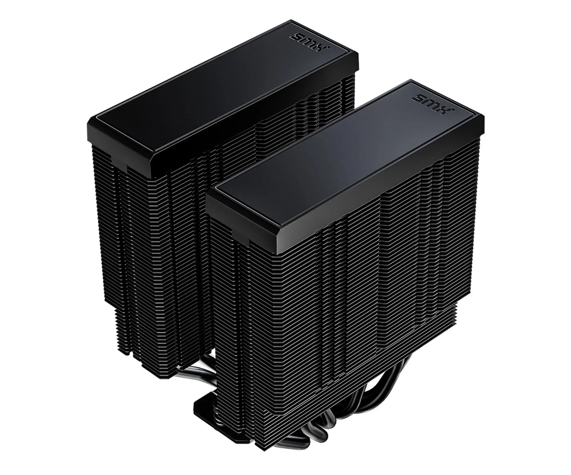 Schwarzer CPU-Kühler mit zwei Türmen und Lüftern, detaillierte Rippen.