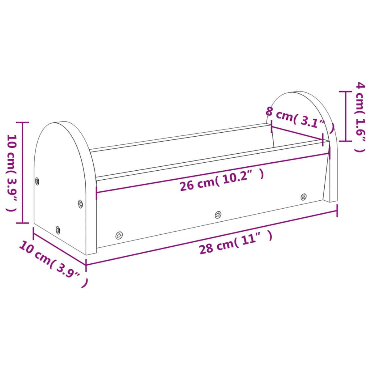 Una mensola bianca con dimensioni: L 28 cm, A 10 cm, P 10 cm.
