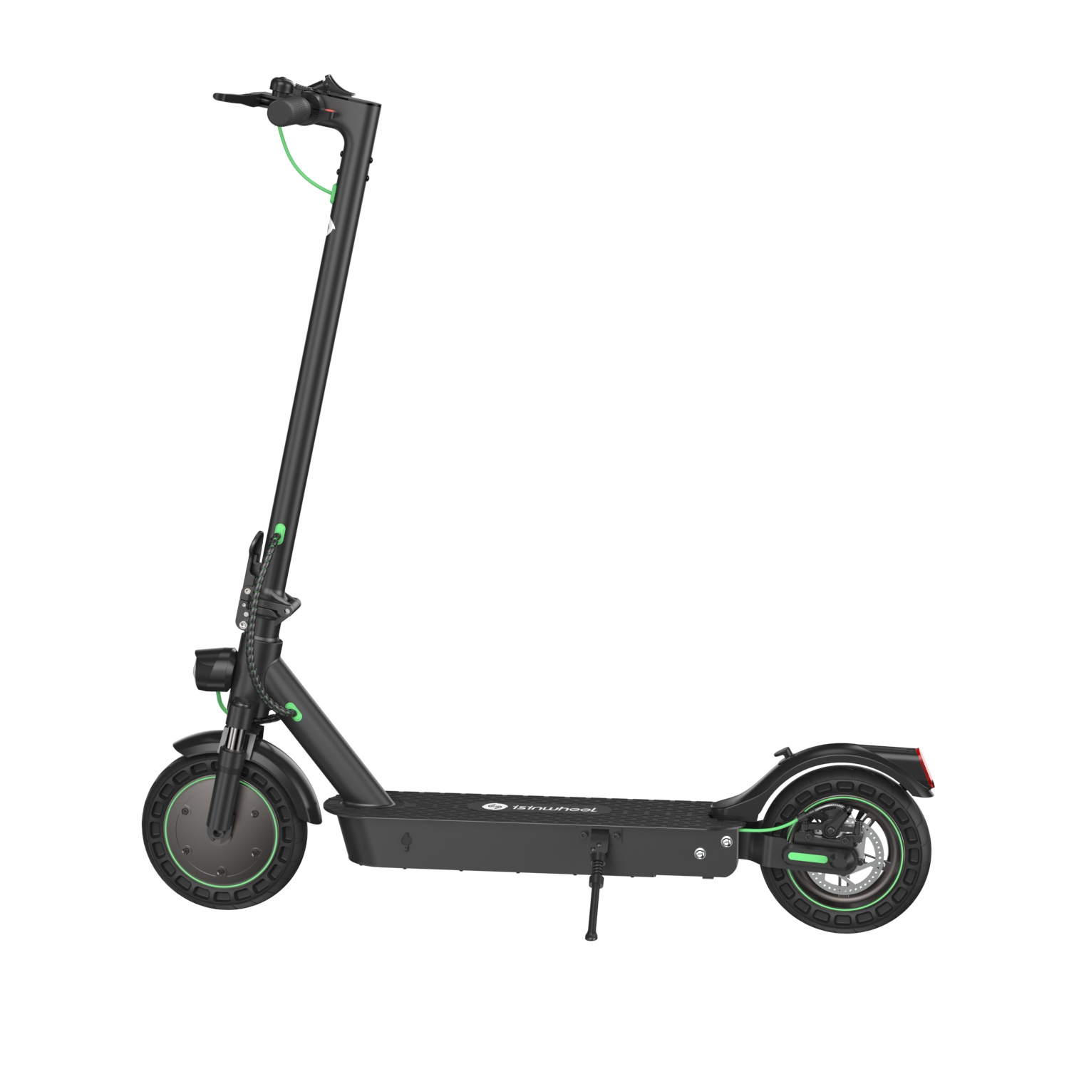 Schwarzer Elektroroller mit grünen Akzenten, geparkt auf weißem Grund.