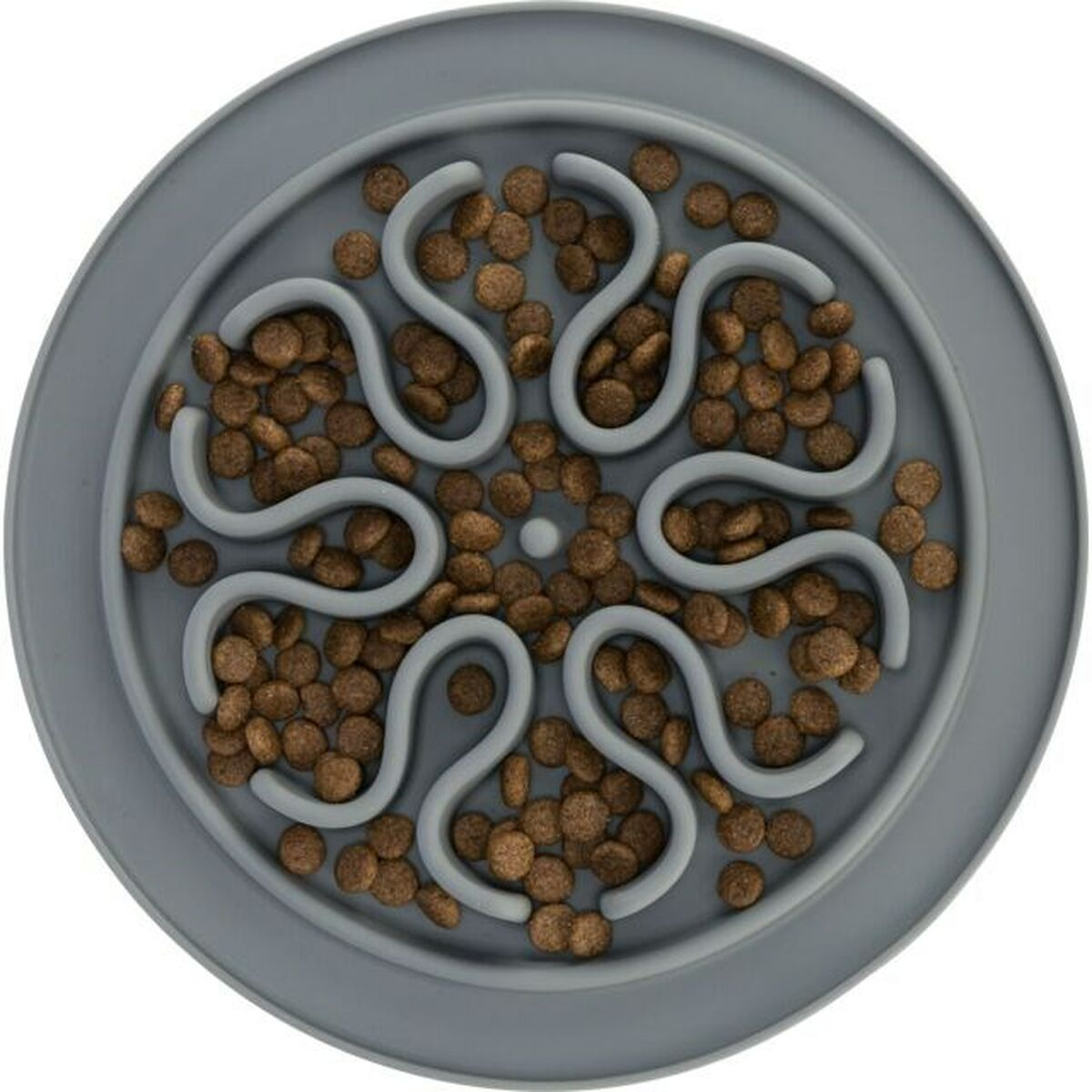 Mangiatoia grigia per animali con scomparti a spirale riempiti di crocchette marroni.
